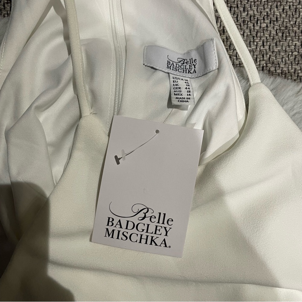 Badgley Mischka White Mini Party Dress with Draped Detailing - Picture 7 of 8